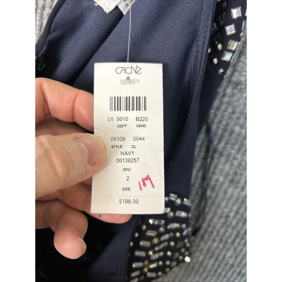 Cache Womens Mini Dress Size 2 Navy Blue Beaded Party Cocktail Ruched Padded New - Picture 8 of 9